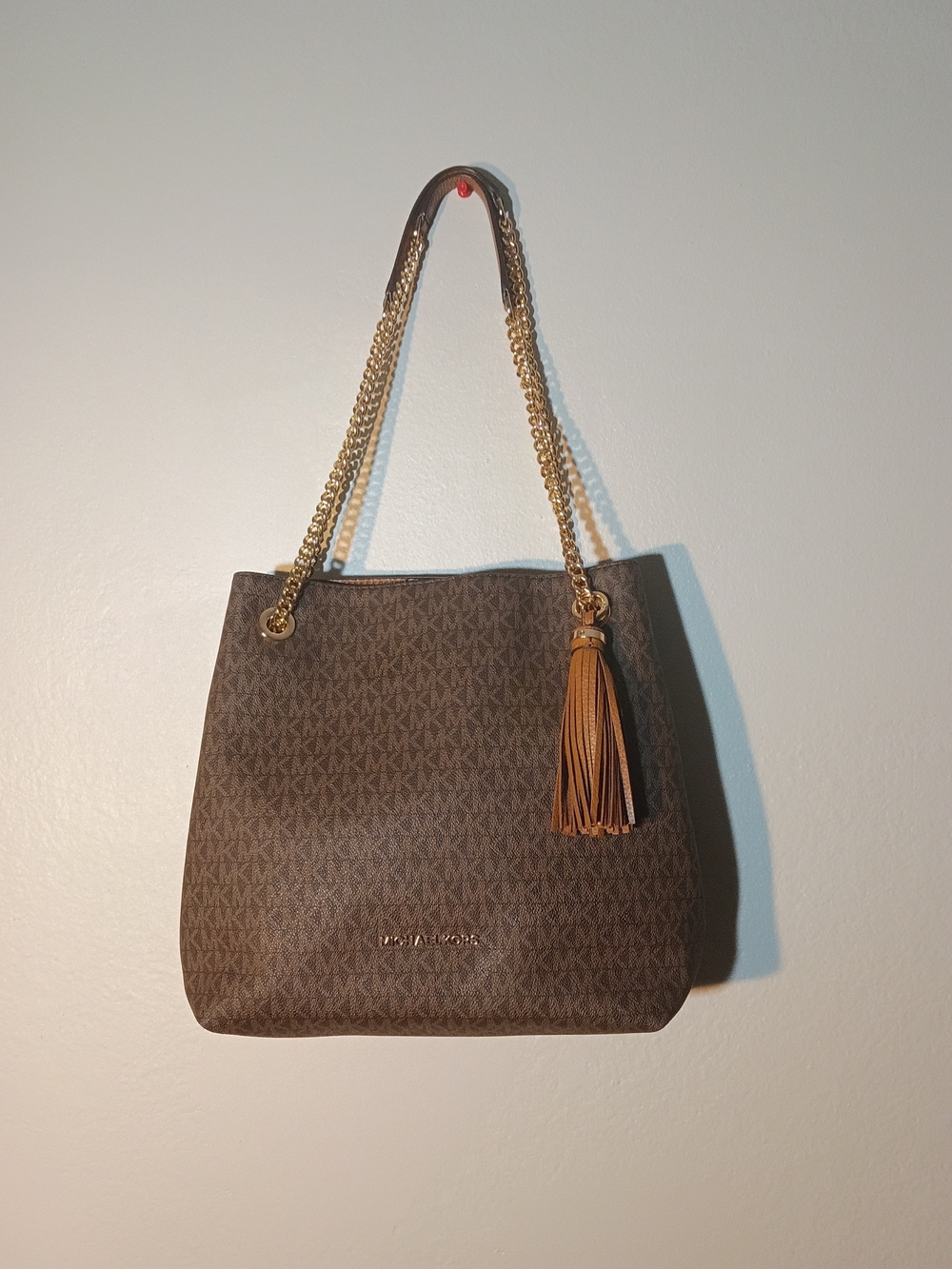 Michael Kors Brown Logo Shoulder Bag with Tassel No Outlet